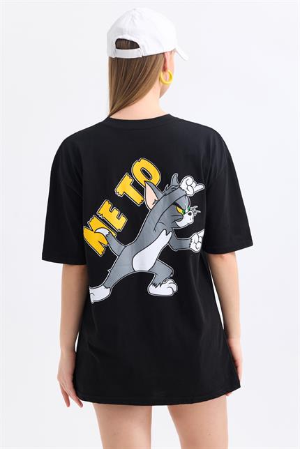 Ön Ve Sırt Tom Jerry Baskılı Pamuklu Oversize Tişört - Siyah