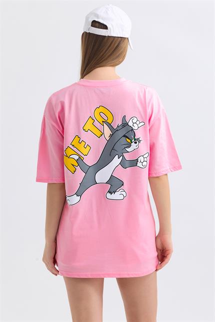 Ön Ve Sırt Tom Jerry Baskılı Pamuklu Oversize Tişört - Pembe