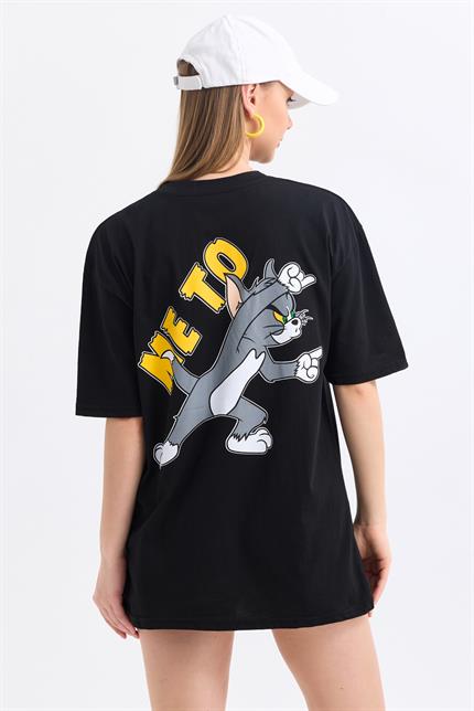 Ön Ve Sırt Tom Jerry Baskılı Pamuklu Oversize Tişört - Siyah
