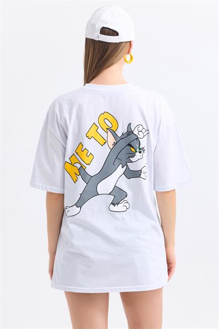 Ön Ve Sırt Tom Jerry Baskılı Pamuklu Oversize Tişört - Beyaz