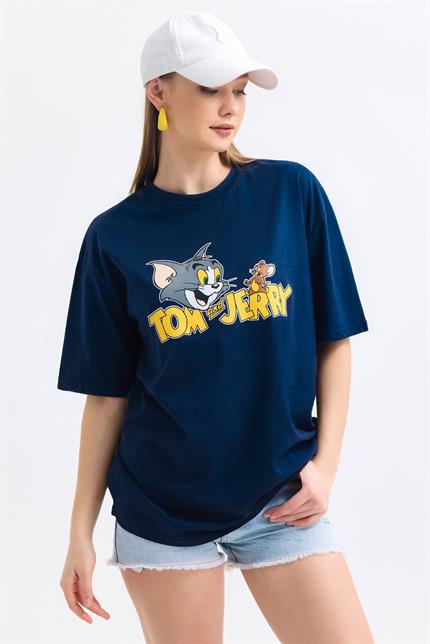 Ön Ve Sırt Tom Jerry Baskılı Pamuklu Oversize Tişört - Lacivert
