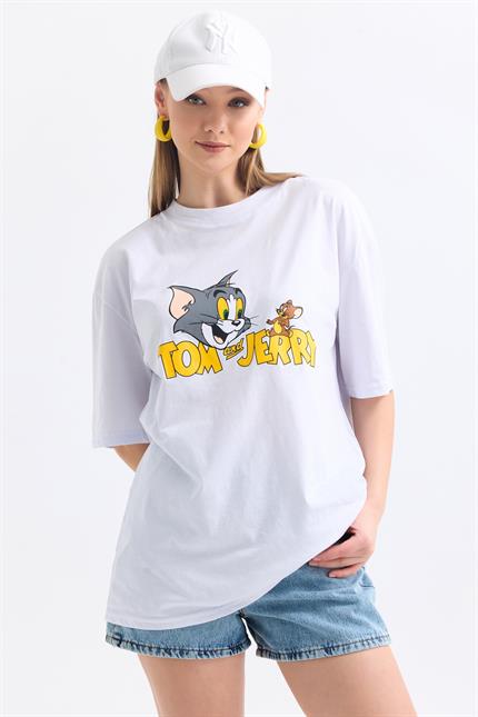 Ön Ve Sırt Tom Jerry Baskılı Pamuklu Oversize Tişört - Beyaz