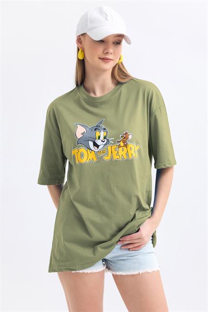 Ön Ve Sırt Tom Jerry Baskılı Pamuklu Oversize Tişört - Olive