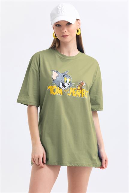 Ön Ve Sırt Tom Jerry Baskılı Pamuklu Oversize Tişört - Olive
