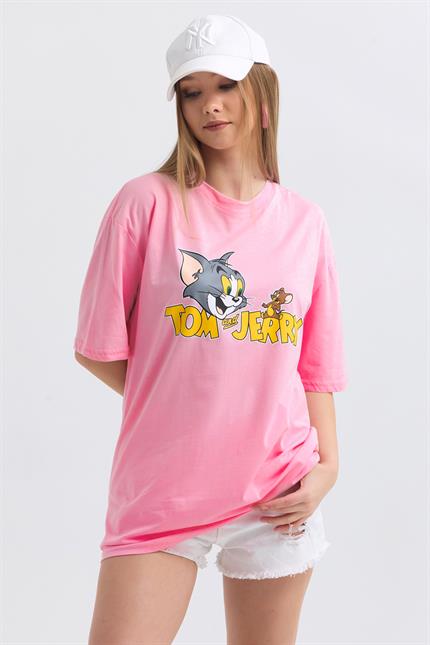 Ön Ve Sırt Tom Jerry Baskılı Pamuklu Oversize Tişört - Pembe