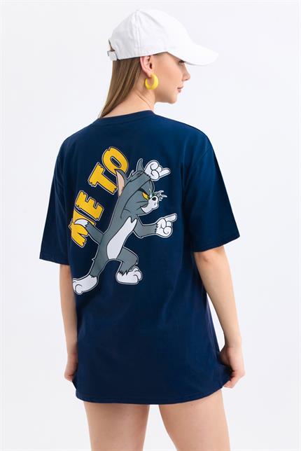 Ön Ve Sırt Tom Jerry Baskılı Pamuklu Oversize Tişört - Lacivert