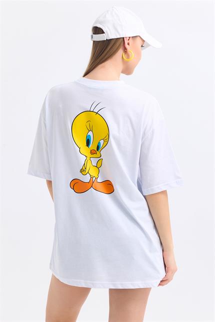 Ön Ve Sırt Tweety Baskılı Pamuklu Oversize Tişört - Beyaz