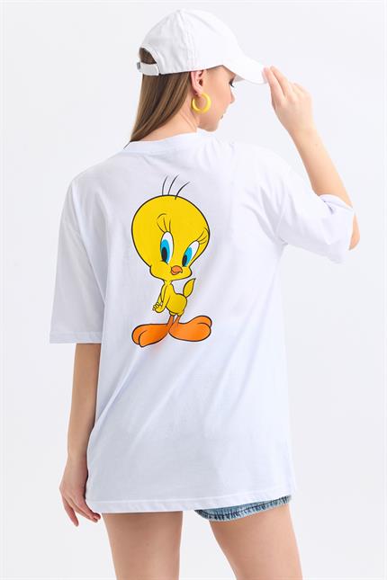 Ön Ve Sırt Tweety Baskılı Pamuklu Oversize Tişört - Beyaz