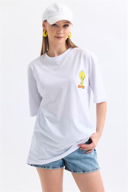 Ön Ve Sırt Tweety Baskılı Pamuklu Oversize Tişört - Beyaz