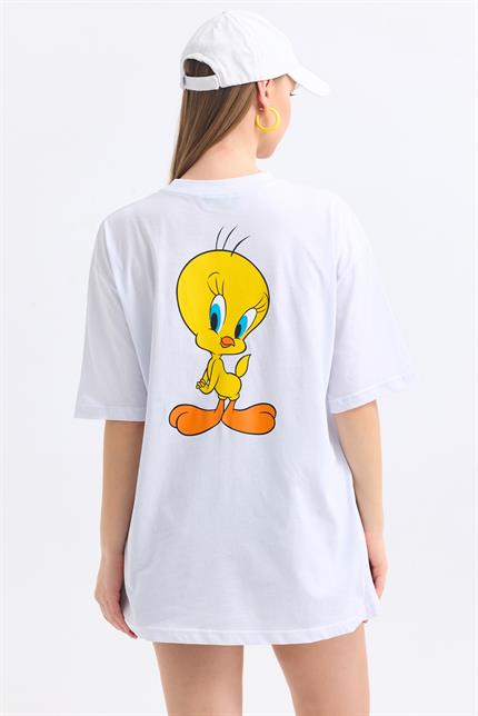 Ön Ve Sırt Tweety Baskılı Pamuklu Oversize Tişört - Beyaz