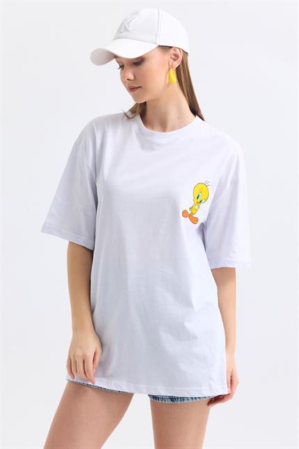 Ön Ve Sırt Tweety Baskılı Pamuklu Oversize Tişört - Beyaz
