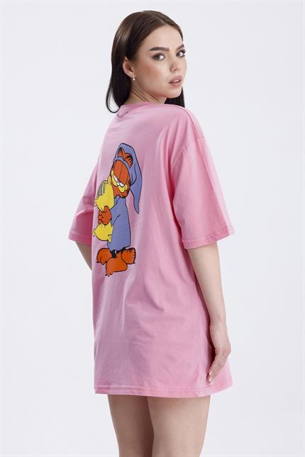 Ön Ve Sırt Uykucu Garfield Baskılı Pamuklu Oversize Tişört - Pembe