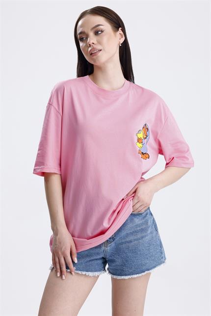 Ön Ve Sırt Uykucu Garfield Baskılı Pamuklu Oversize Tişört - Pembe