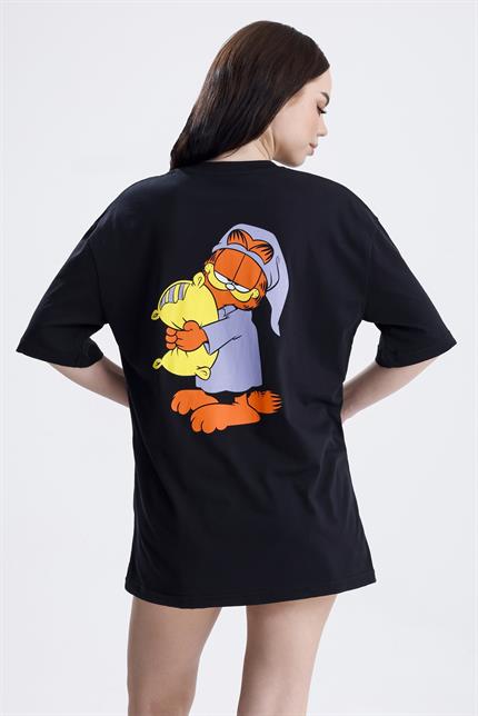 Ön Ve Sırt Uykucu Garfield Baskılı Pamuklu Oversize Tişört - Siyah