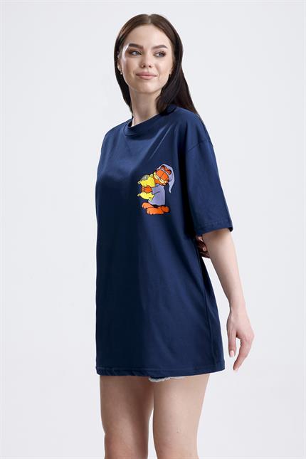 Ön Ve Sırt Uykucu Garfield Baskılı Pamuklu Oversize Tişört - Lacivert