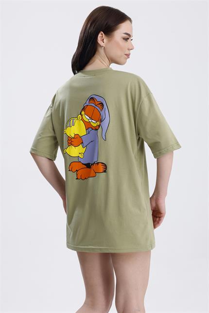 Ön Ve Sırt Uykucu Garfield Baskılı Pamuklu Oversize Tişört - Olive