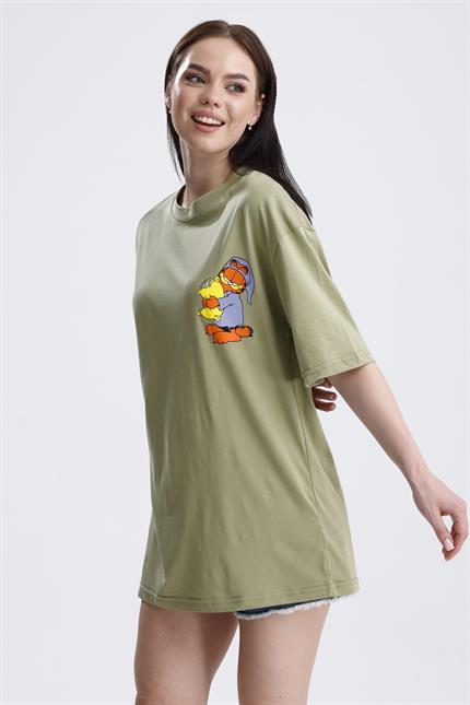 Ön Ve Sırt Uykucu Garfield Baskılı Pamuklu Oversize Tişört - Olive