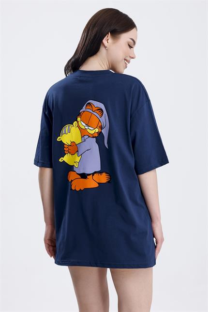 Ön Ve Sırt Uykucu Garfield Baskılı Pamuklu Oversize Tişört - Lacivert