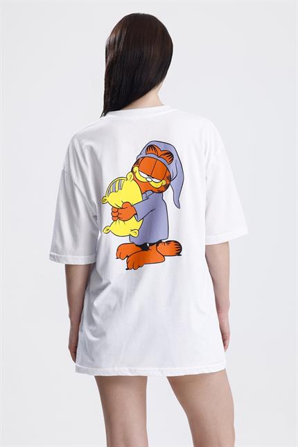 Ön Ve Sırt Uykucu Garfield Baskılı Pamuklu Oversize Tişört - Beyaz