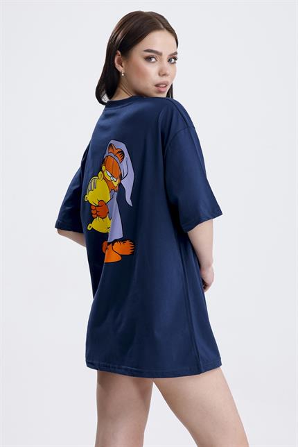 Ön Ve Sırt Uykucu Garfield Baskılı Pamuklu Oversize Tişört - Lacivert