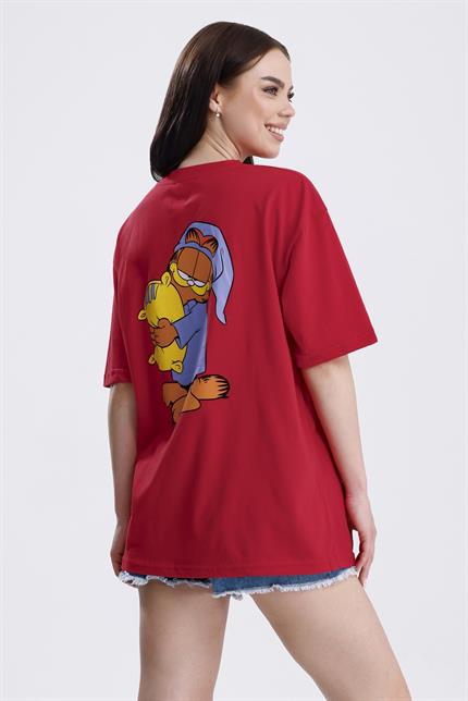 Ön Ve Sırt Uykucu Garfield Baskılı Pamuklu Oversize Tişört - Kırmızı