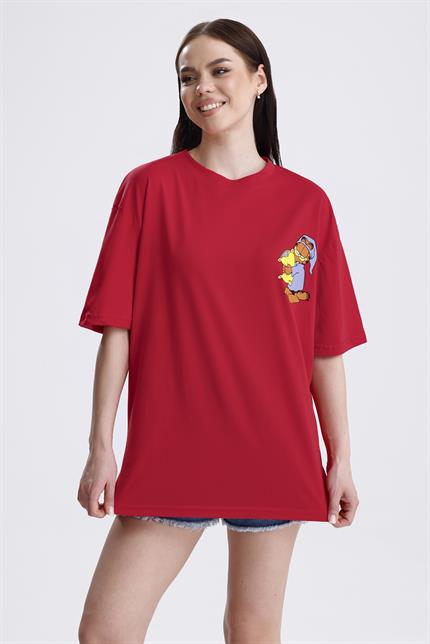 Ön Ve Sırt Uykucu Garfield Baskılı Pamuklu Oversize Tişört - Kırmızı