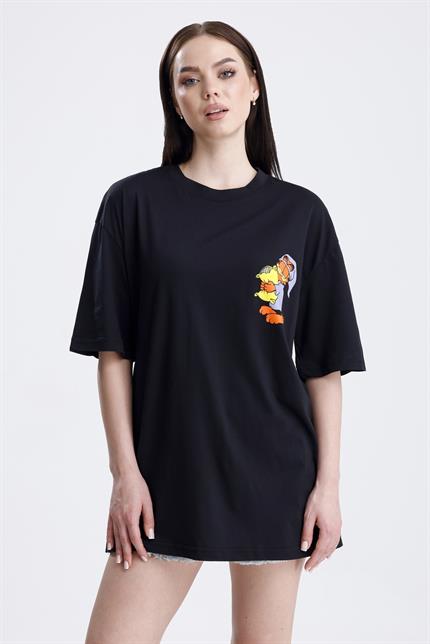 Ön Ve Sırt Uykucu Garfield Baskılı Pamuklu Oversize Tişört - Siyah