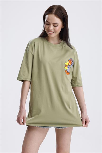 Ön Ve Sırt Uykucu Garfield Baskılı Pamuklu Oversize Tişört - Olive