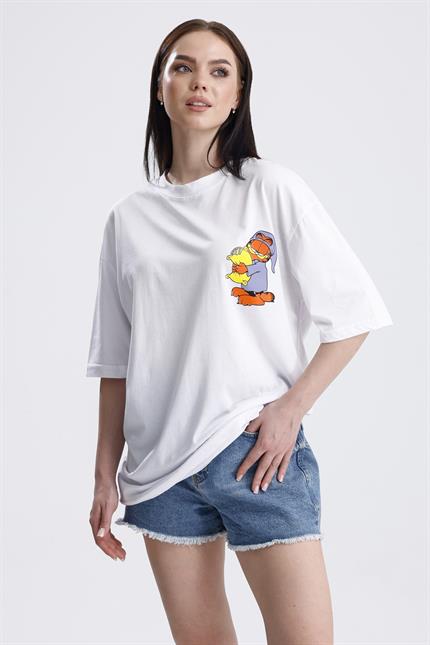 Ön Ve Sırt Uykucu Garfield Baskılı Pamuklu Oversize Tişört - Beyaz