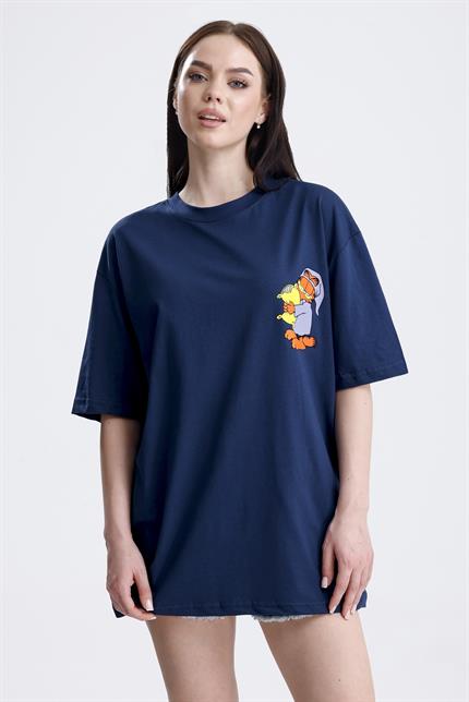 Ön Ve Sırt Uykucu Garfield Baskılı Pamuklu Oversize Tişört - Lacivert