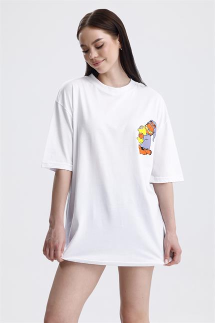 Ön Ve Sırt Uykucu Garfield Baskılı Pamuklu Oversize Tişört - Beyaz