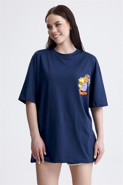 Ön Ve Sırt Uykucu Garfield Baskılı Pamuklu Oversize Tişört - Lacivert