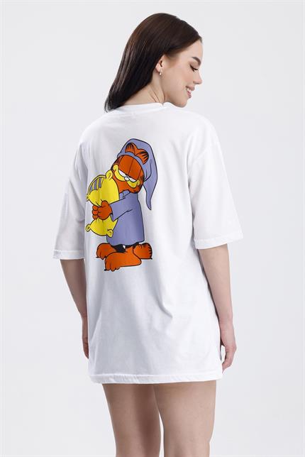 Ön Ve Sırt Uykucu Garfield Baskılı Pamuklu Oversize Tişört - Beyaz