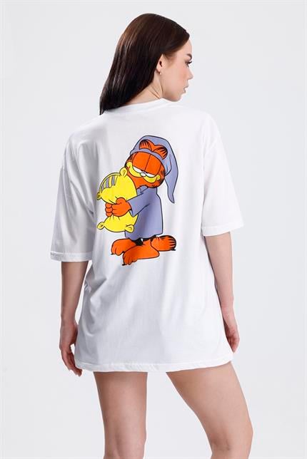 Ön Ve Sırt Uykucu Garfield Baskılı Pamuklu Oversize Tişört - Beyaz