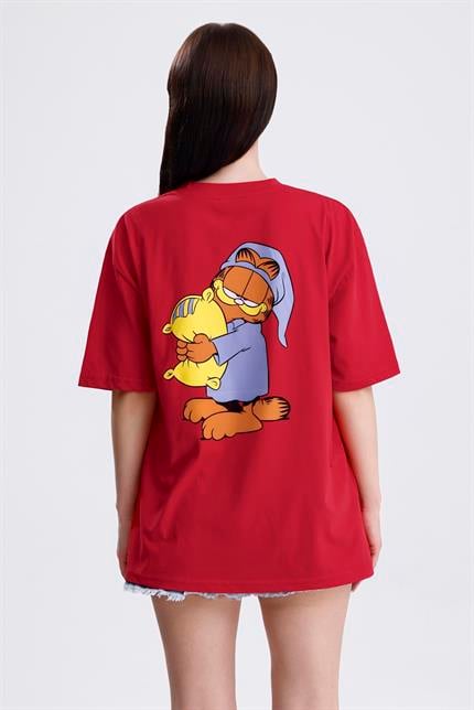 Ön Ve Sırt Uykucu Garfield Baskılı Pamuklu Oversize Tişört - Kırmızı