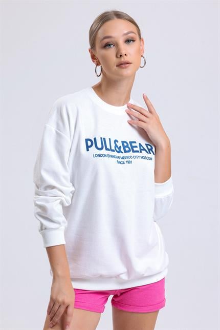 Önü Baskılı Bisiklet Yaka Oversize Sweatshirt - Ekru