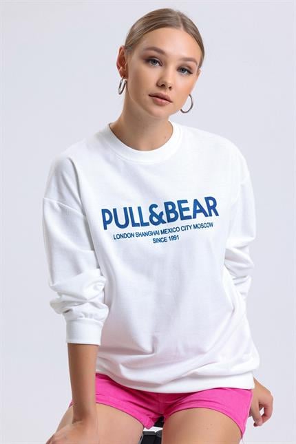 Önü Baskılı Bisiklet Yaka Oversize Sweatshirt - Ekru