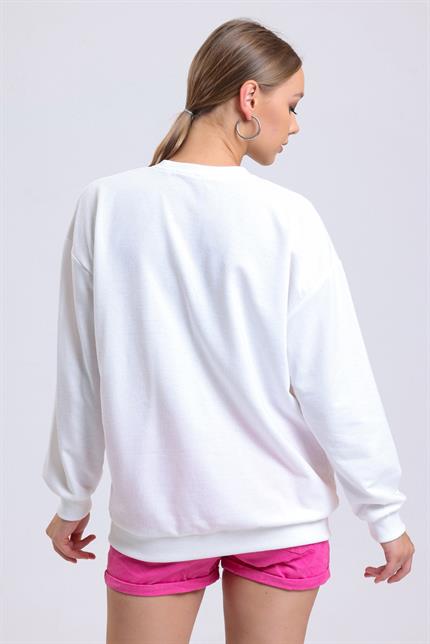 Önü Baskılı Bisiklet Yaka Oversize Sweatshirt - Ekru
