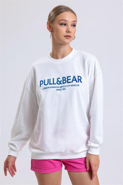 Önü Baskılı Bisiklet Yaka Oversize Sweatshirt - Ekru