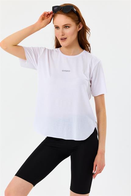 Önü Baskılı Oval Kesim Spor Tişört - Beyaz