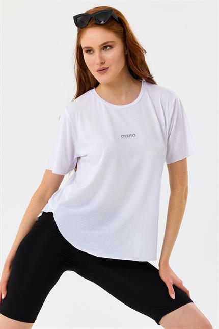Önü Baskılı Oval Kesim Spor Tişört - Beyaz