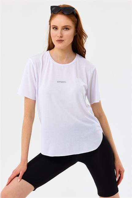 Önü Baskılı Oval Kesim Spor Tişört - Beyaz