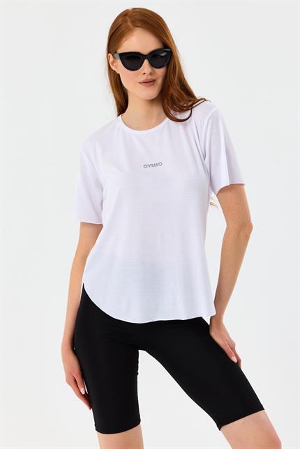 Önü Baskılı Oval Kesim Spor Tişört - Beyaz