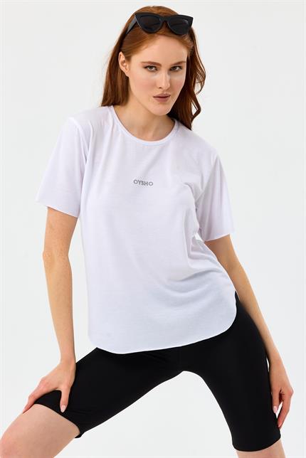 Önü Baskılı Oval Kesim Spor Tişört - Beyaz