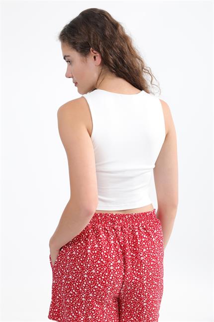 Önü Çift Katlı Askılı Basic Süper Crop Bluz - Ekru