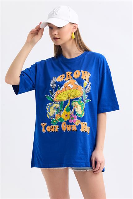 Önü Grow Baskılı Pamuklu Oversize Tişört - Mavi