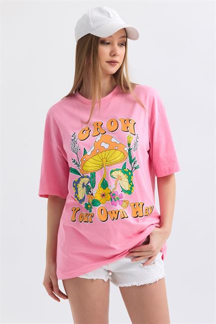 Önü Grow Baskılı Pamuklu Oversize Tişört - Pembe