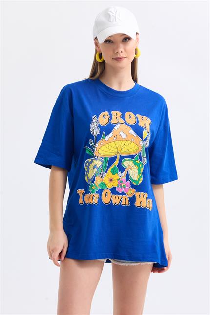 Önü Grow Baskılı Pamuklu Oversize Tişört - Mavi