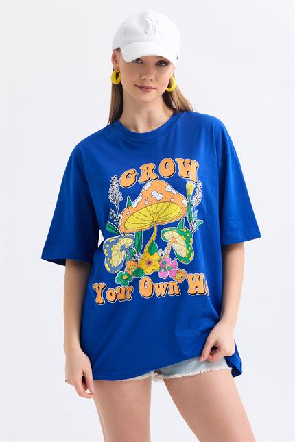 Önü Grow Baskılı Pamuklu Oversize Tişört - Mavi