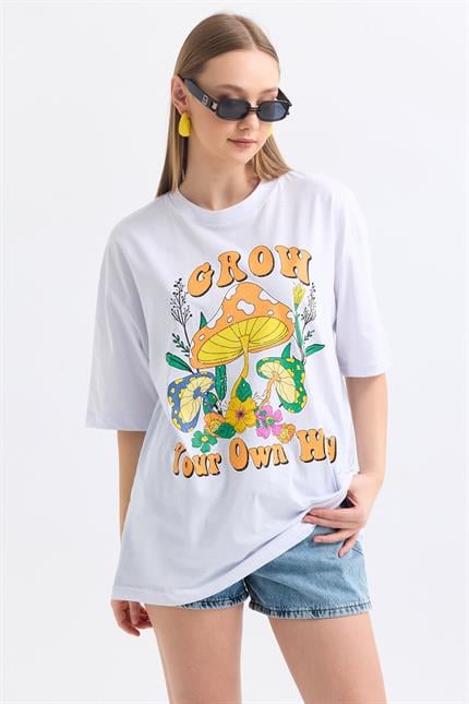 Önü Grow Baskılı Pamuklu Oversize Tişört - Beyaz